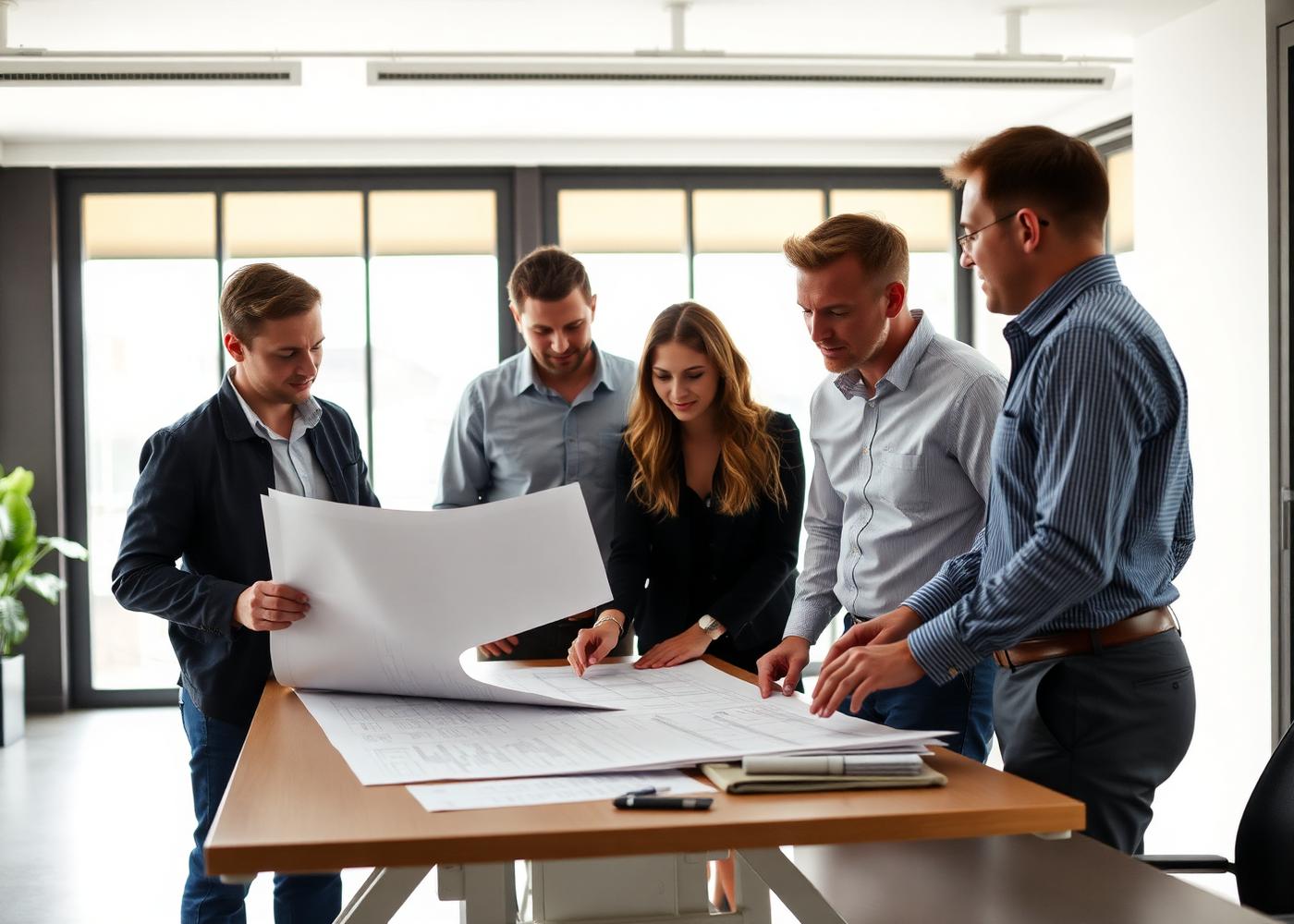Project team reviewing blueprints in the Cade Projects office