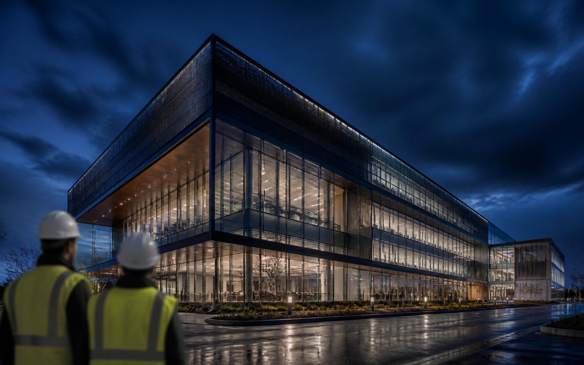 Modern commercial building at dusk with engineers on site